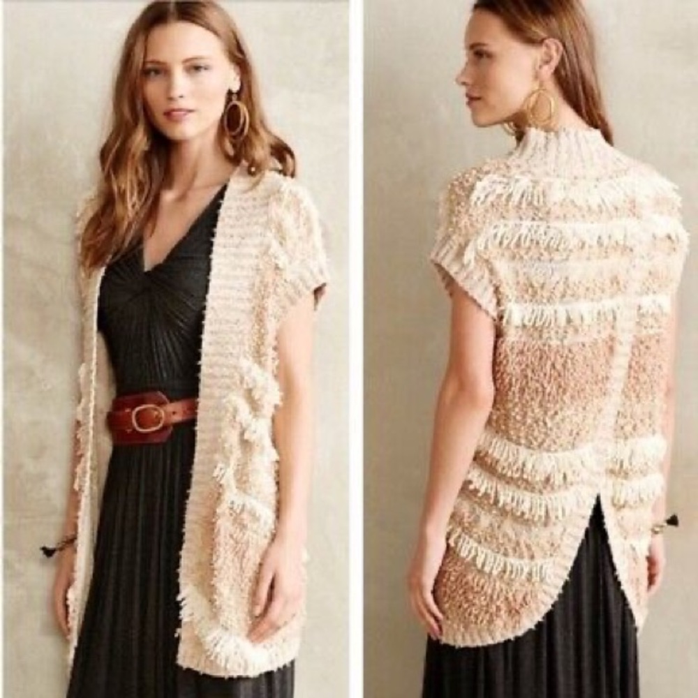Moth Quinta Fringe Fuzzy Vest Split Back Cardigan